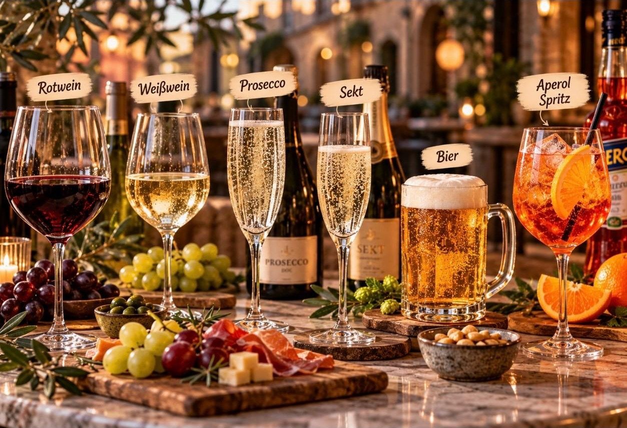 Rotwein, Weißwein, Prosecco, Sekt, Bier und Aperol Spritz
