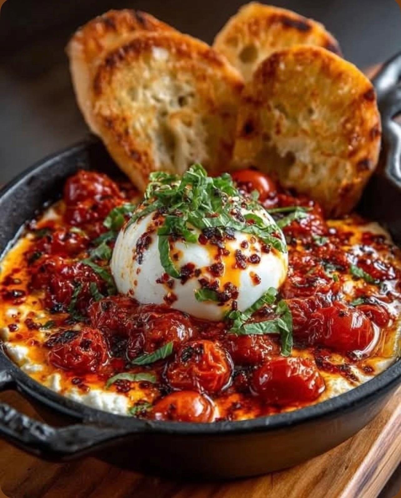 Burrata in würziger Tomatensoße in der Pfanne mit Brot