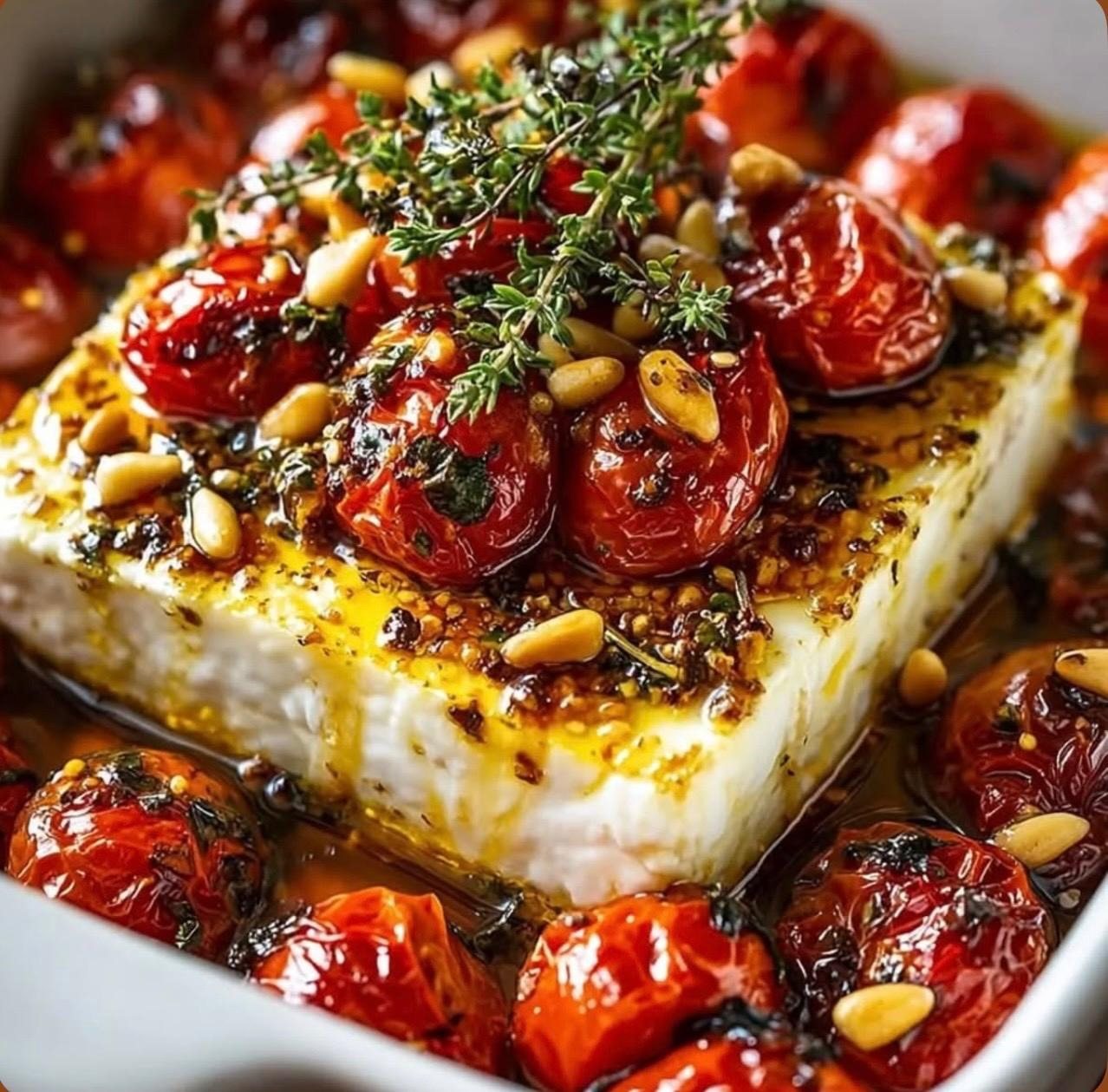 Ofenfeta mit Kirschtomaten und Pinienkernen