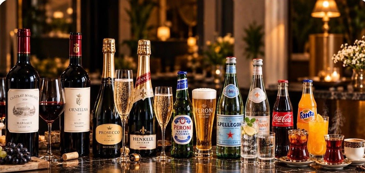 Auswahl an Flaschen: Wein, Prosecco, Sekt, Bier, Wasser, Softdrinks