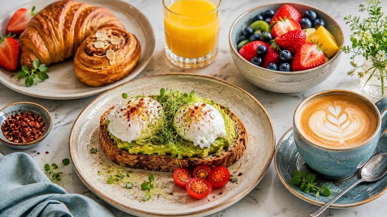 Croissant, Avocado-Toast mit pochierten Eiern, Obstschale und Latte