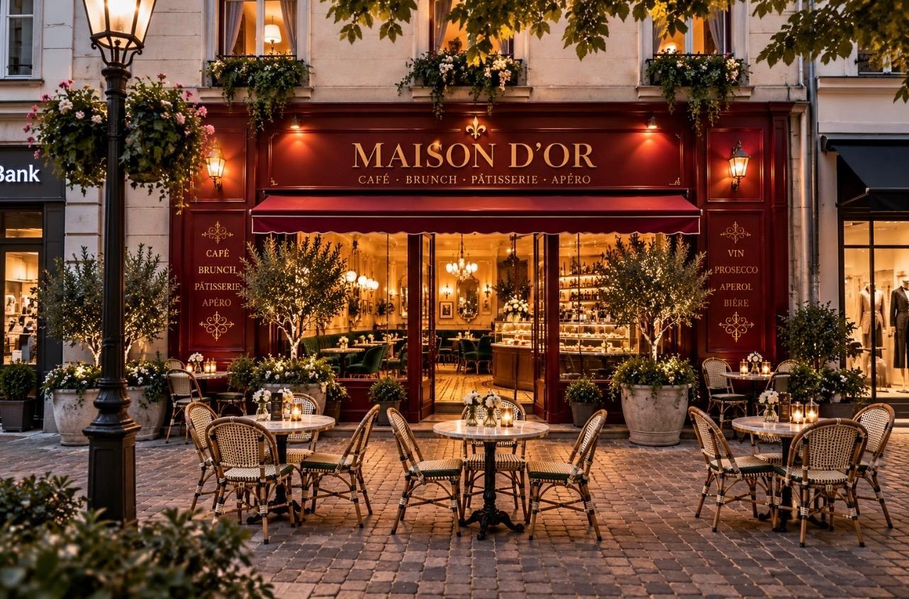 Vision: das Maison d'Or am Abend mit Tischen und Stühlen auf dem Platz davor