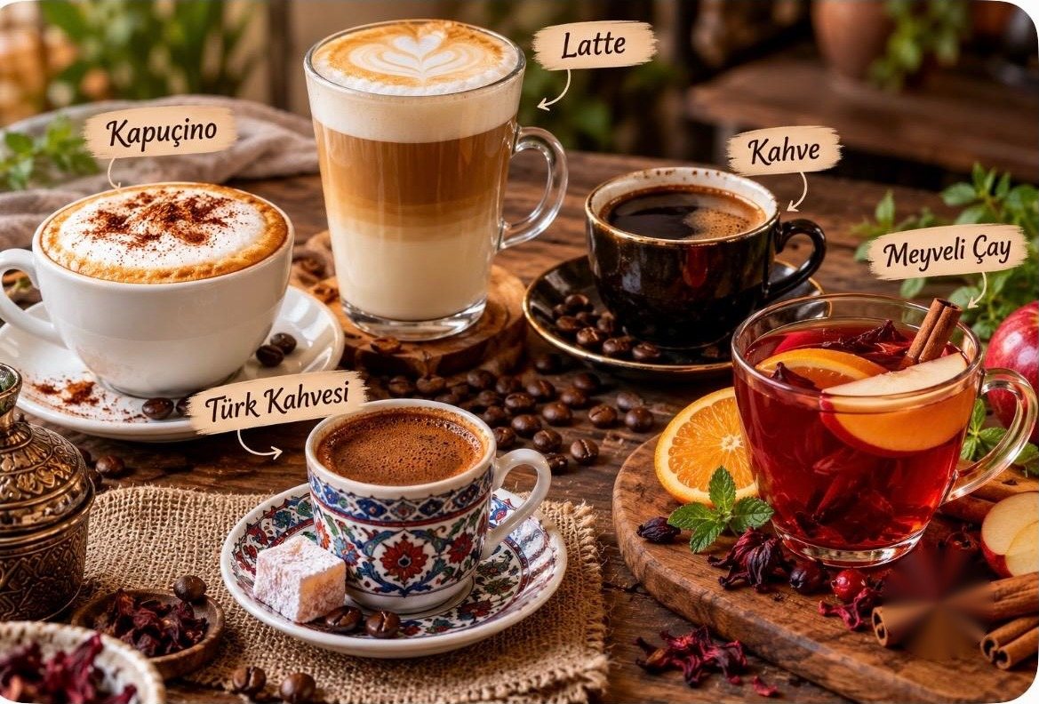 Kapuçino, Latte, Kahve, Türk Kahvesi und Früchtetee