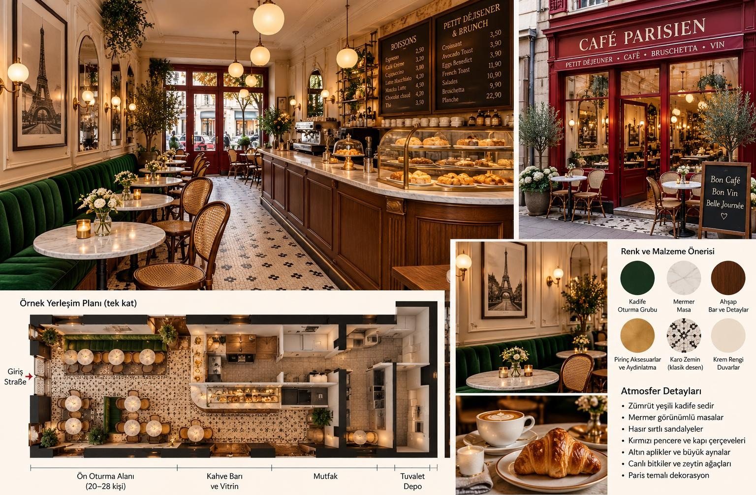 Moodboard des Cafés mit Grundriss, Farben und Atmosphäre