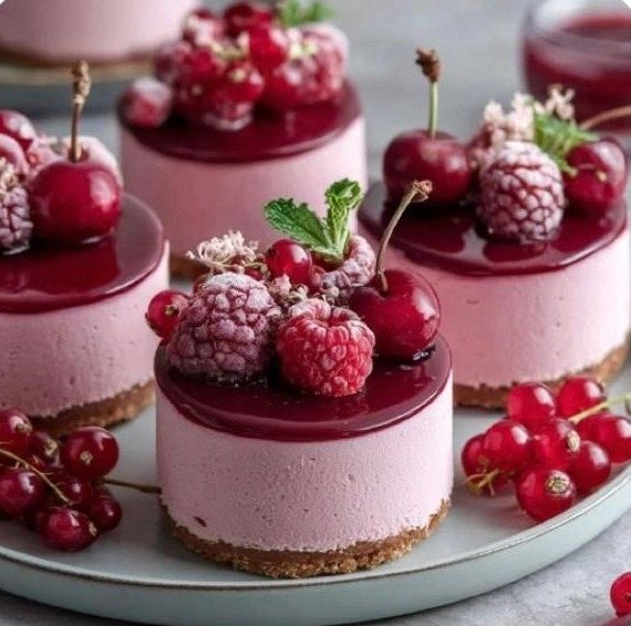 Mini-Mousse-Cheesecakes mit Himbeeren und Kirschen